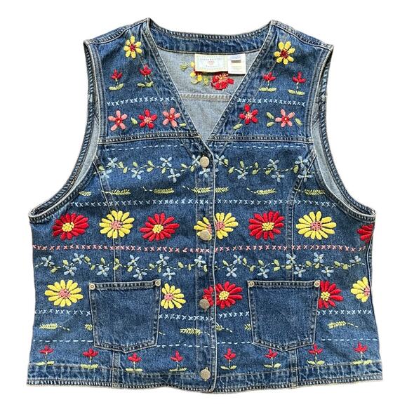 VTG SUSAN BRISTOL Floral Embroidered Denim Vest Bohemian Festival SZ L - Picture 1 of 13